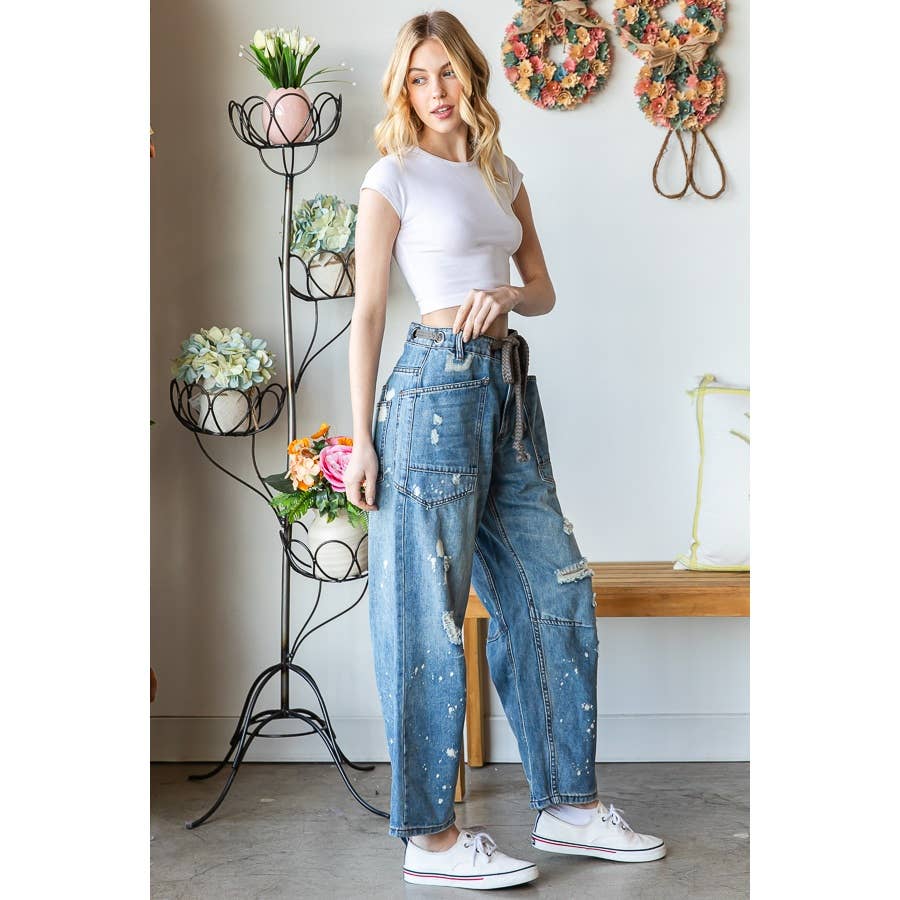 Washed Drawstring Waist Distressed Denim Jeans