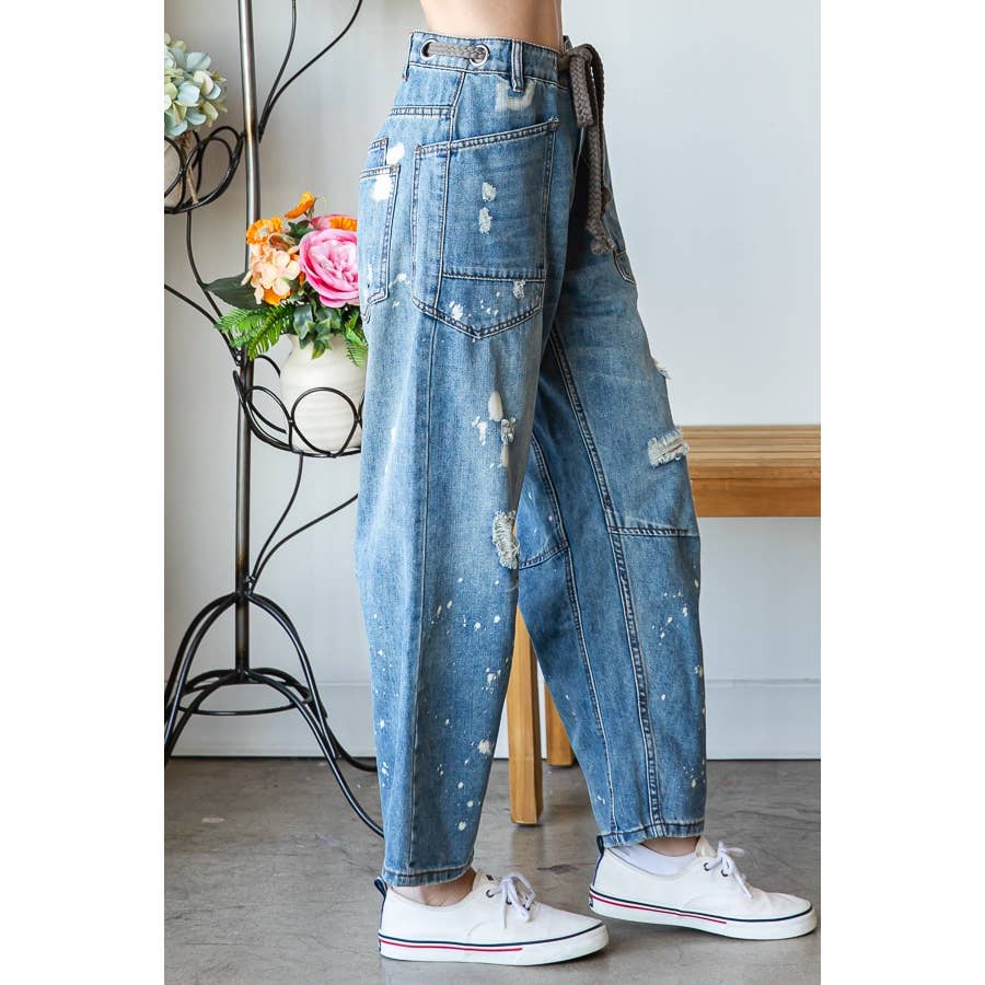 Washed Drawstring Waist Distressed Denim Jeans