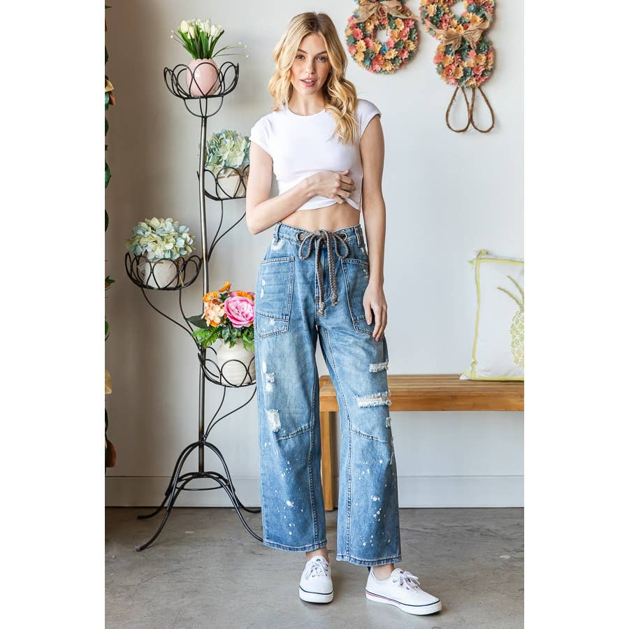 Washed Drawstring Waist Distressed Denim Jeans