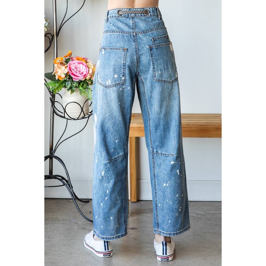 Washed Drawstring Waist Distressed Denim Jeans