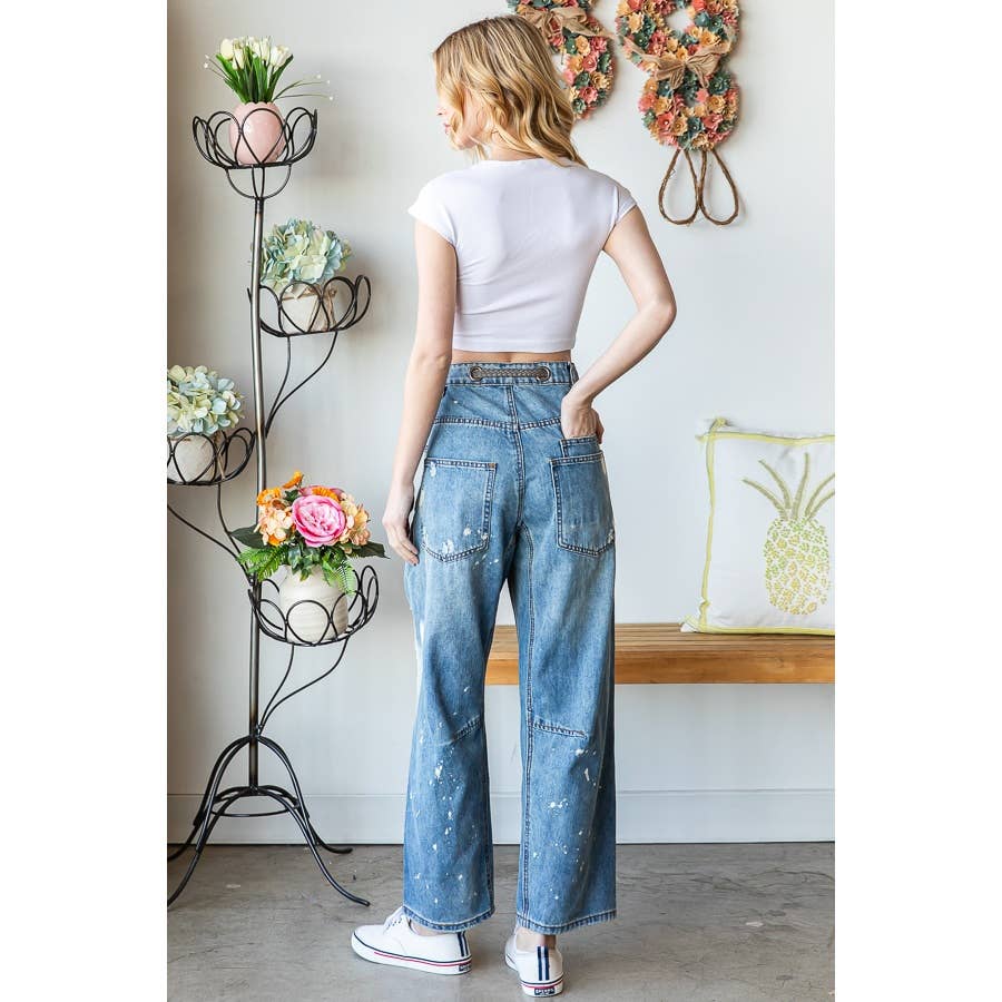 Washed Drawstring Waist Distressed Denim Jeans