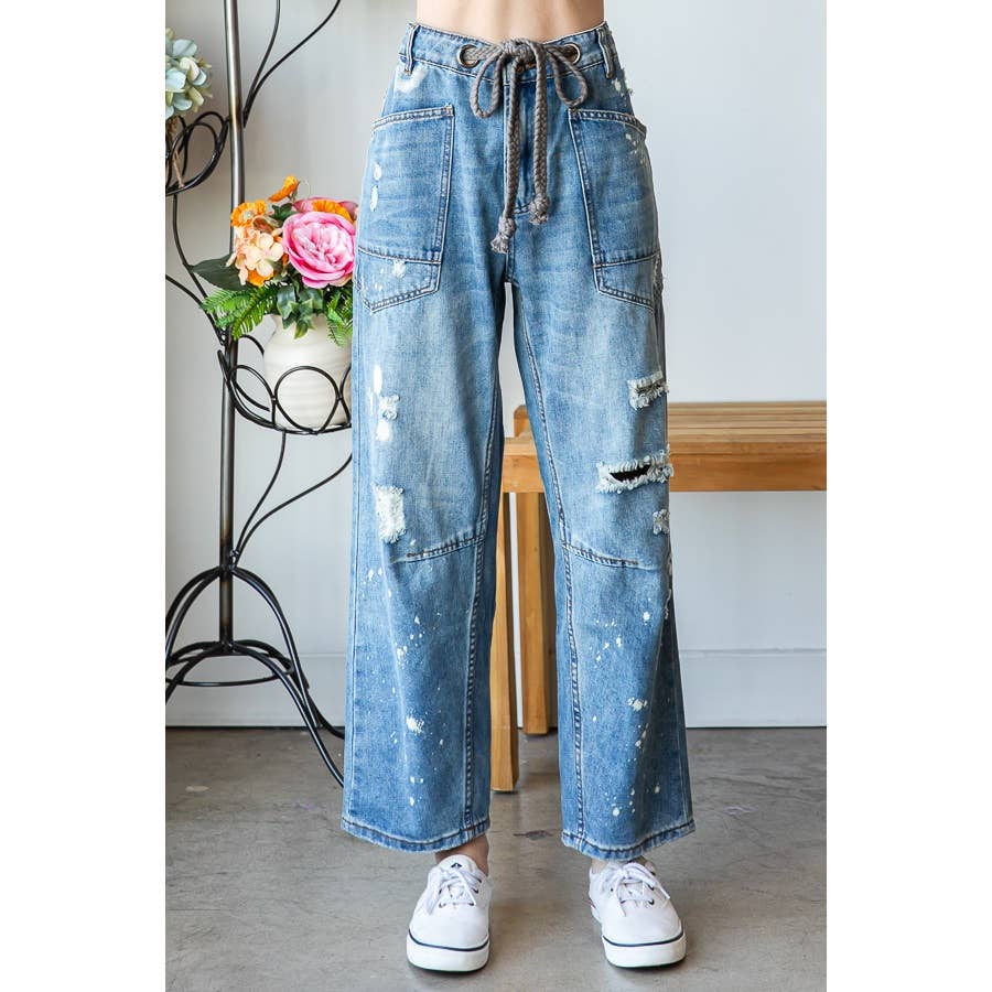 Washed Drawstring Waist Distressed Denim Jeans