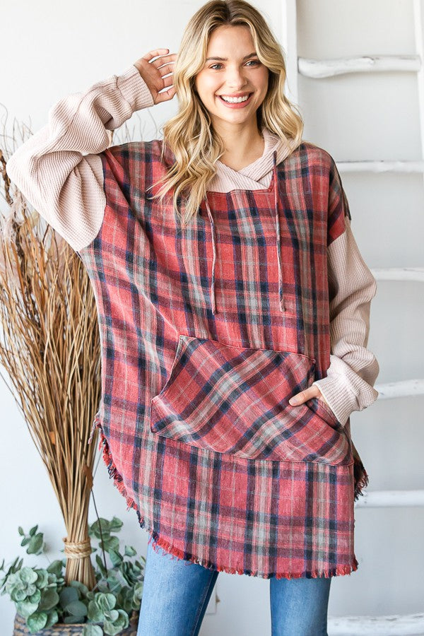 Mineral Washed Plaid Long Hoodie