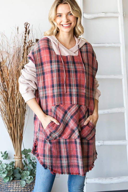 Mineral Washed Plaid Long Hoodie