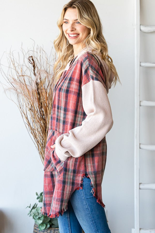 Mineral Washed Plaid Long Hoodie