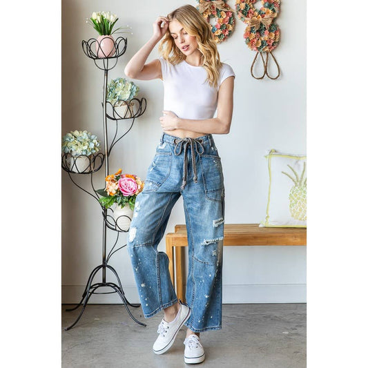 Washed Drawstring Waist Distressed Denim Jeans